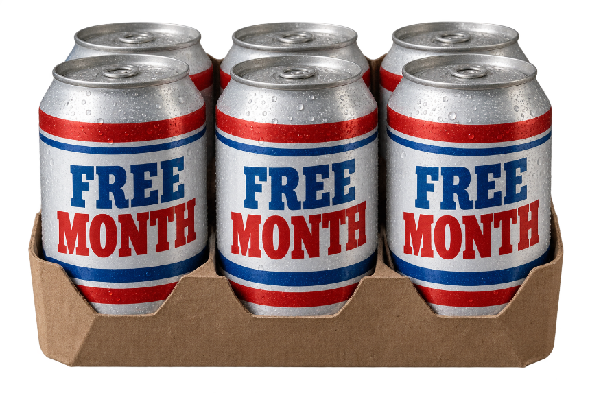 A six-pack of FREE MONTH beer in a cardboard carrier