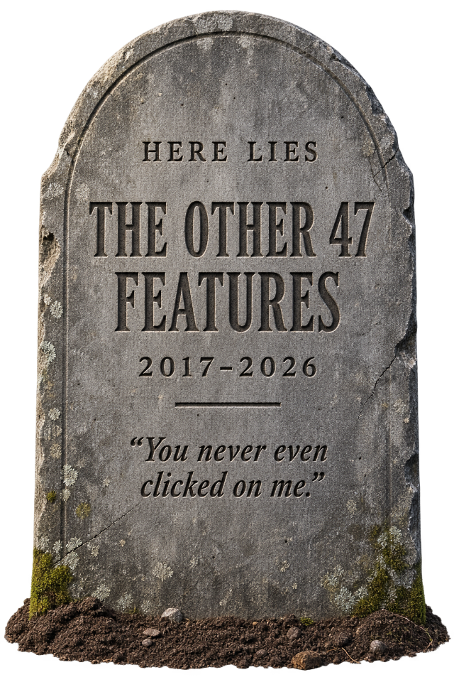 Here lies The Other 47 Features, 2017-2026. You never even clicked on me.